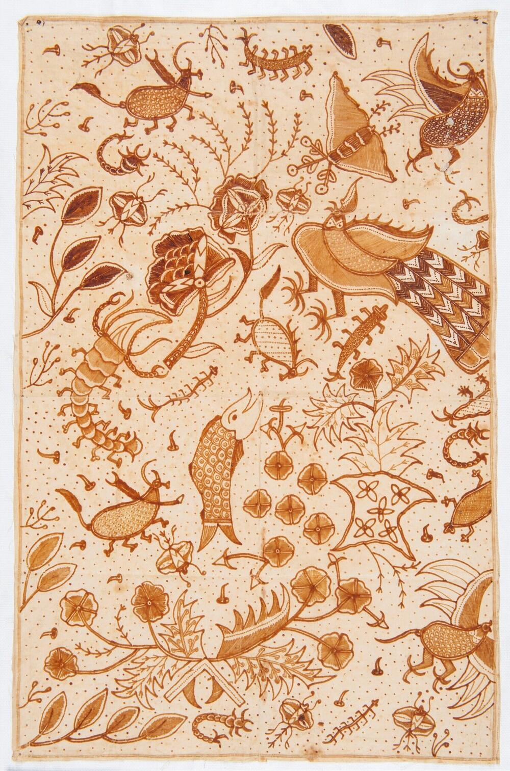Doek, behoort tot een serie katoenmonsters die de verschillende fases van de batiktechniek laten…