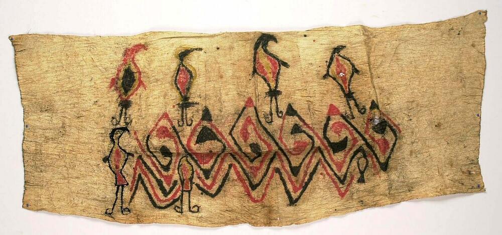 Painted barkcloth, decorated with a spiral pattern and birds