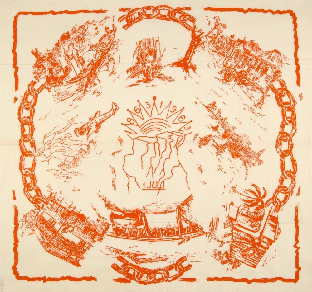 Katoenen hoofddoek met de datum van de afschaffing van de slavernij, 1 juli 1863