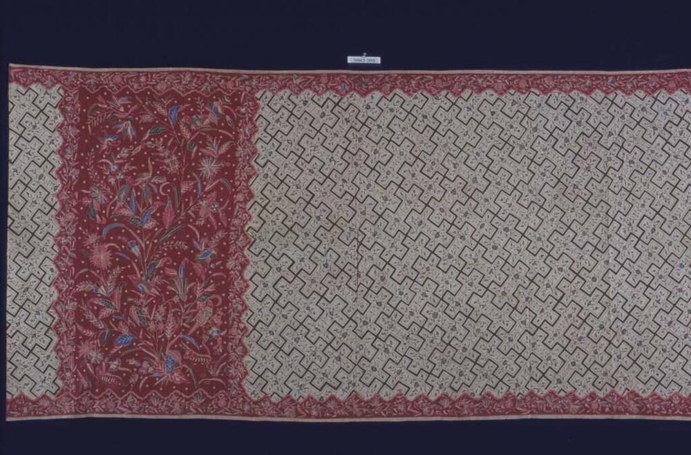 Kokerrok met Chinees geometrisch patroon en florale motieven met vogels