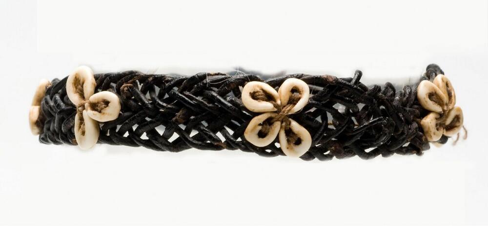 Armband van gevlochten vezels, versierd met vier witte schelpen