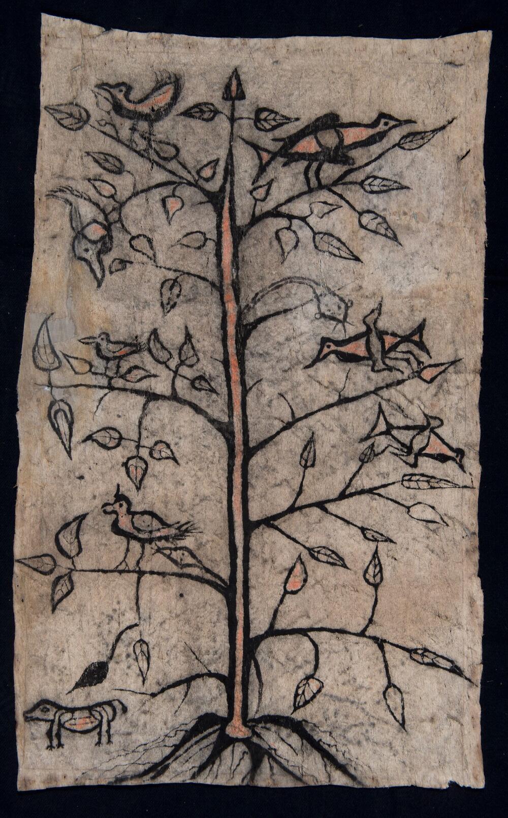 Painted barkcloth, depicting a tree with roots