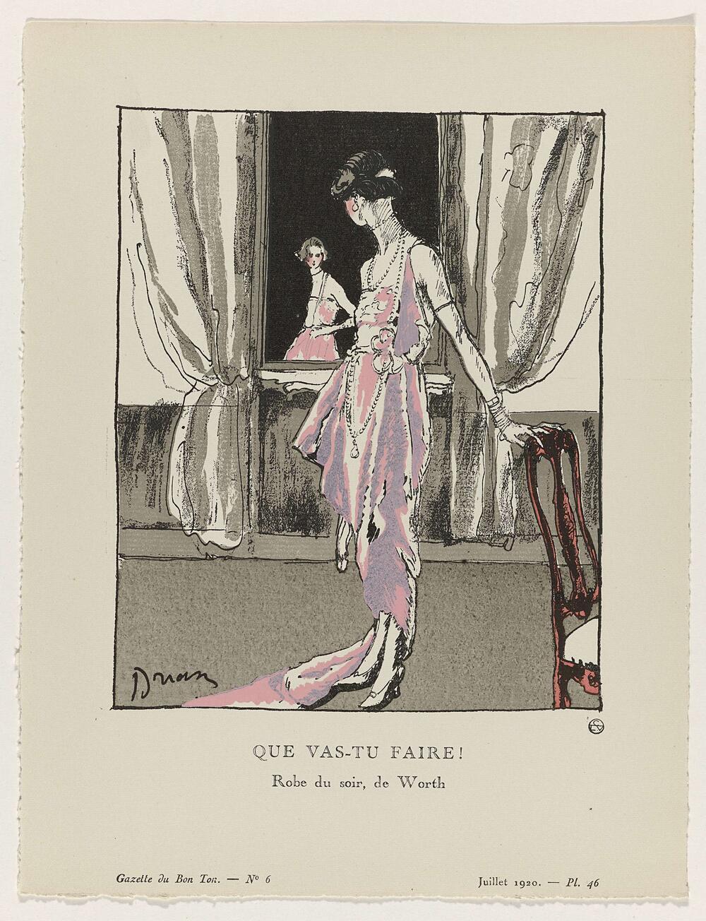 Gazette du Bon Ton, 1920 - No. 6 : Que vas-tu faire ! / Robe du soir, de Worth