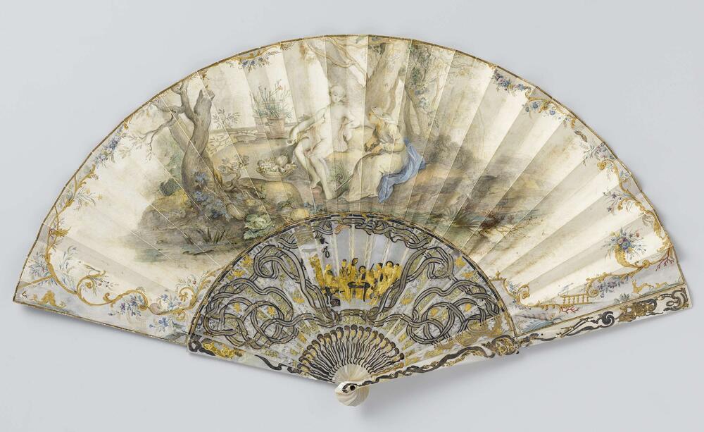Vouwwaaier met blad waarop in aquarel Vertumnus & Pomona, op een gesneden en van bladzilver en -…