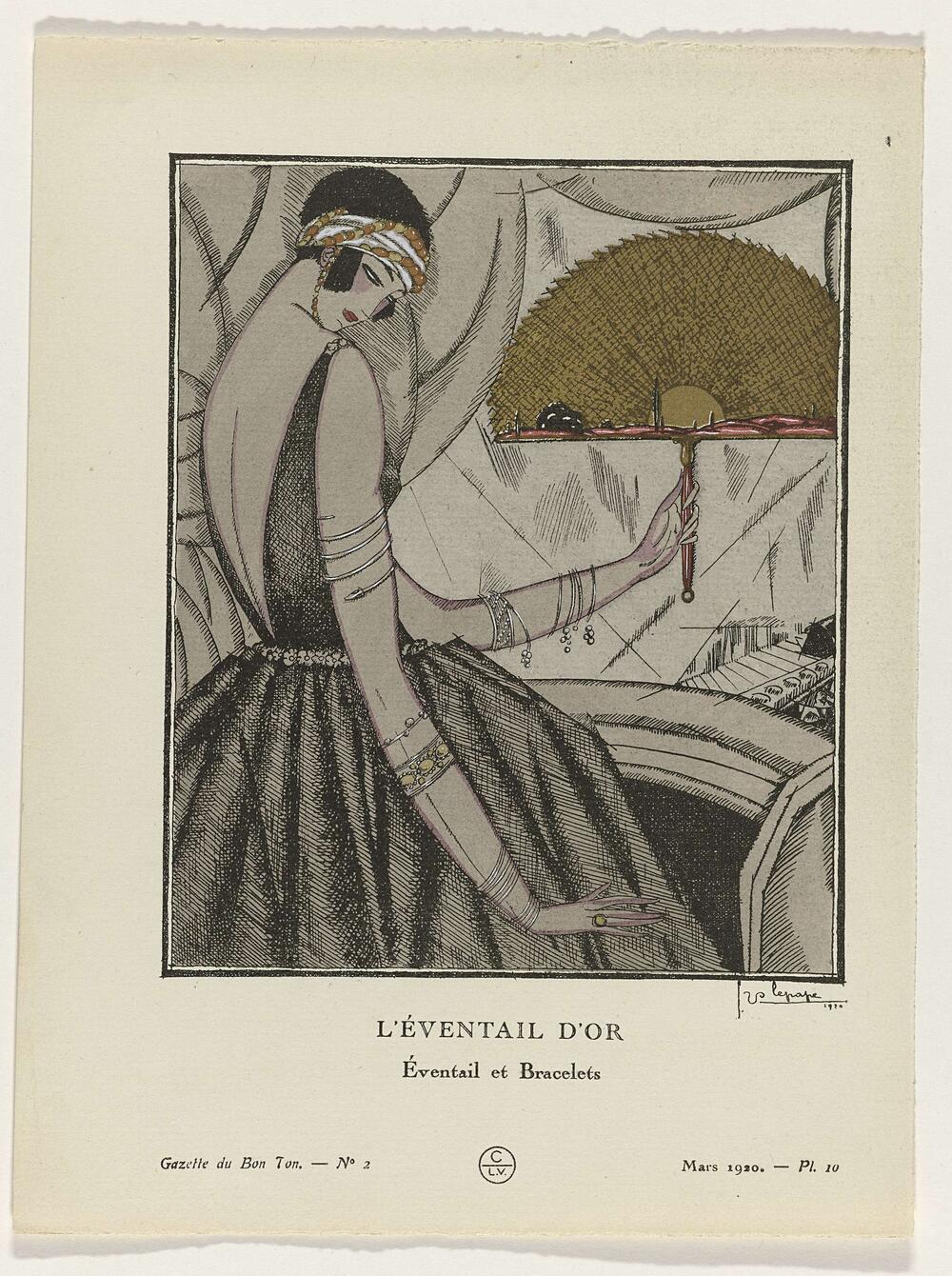 Gazette du Bon Ton, 1920 - No. 2, Pl. 10: L'éventail d'or / Éventail et Bracelets
