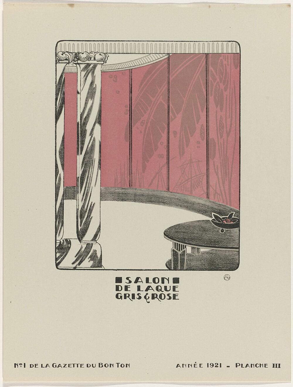 Gazette du Bon Ton, 1921 - No. 1, Pl. III: Salon de laque gris & rose