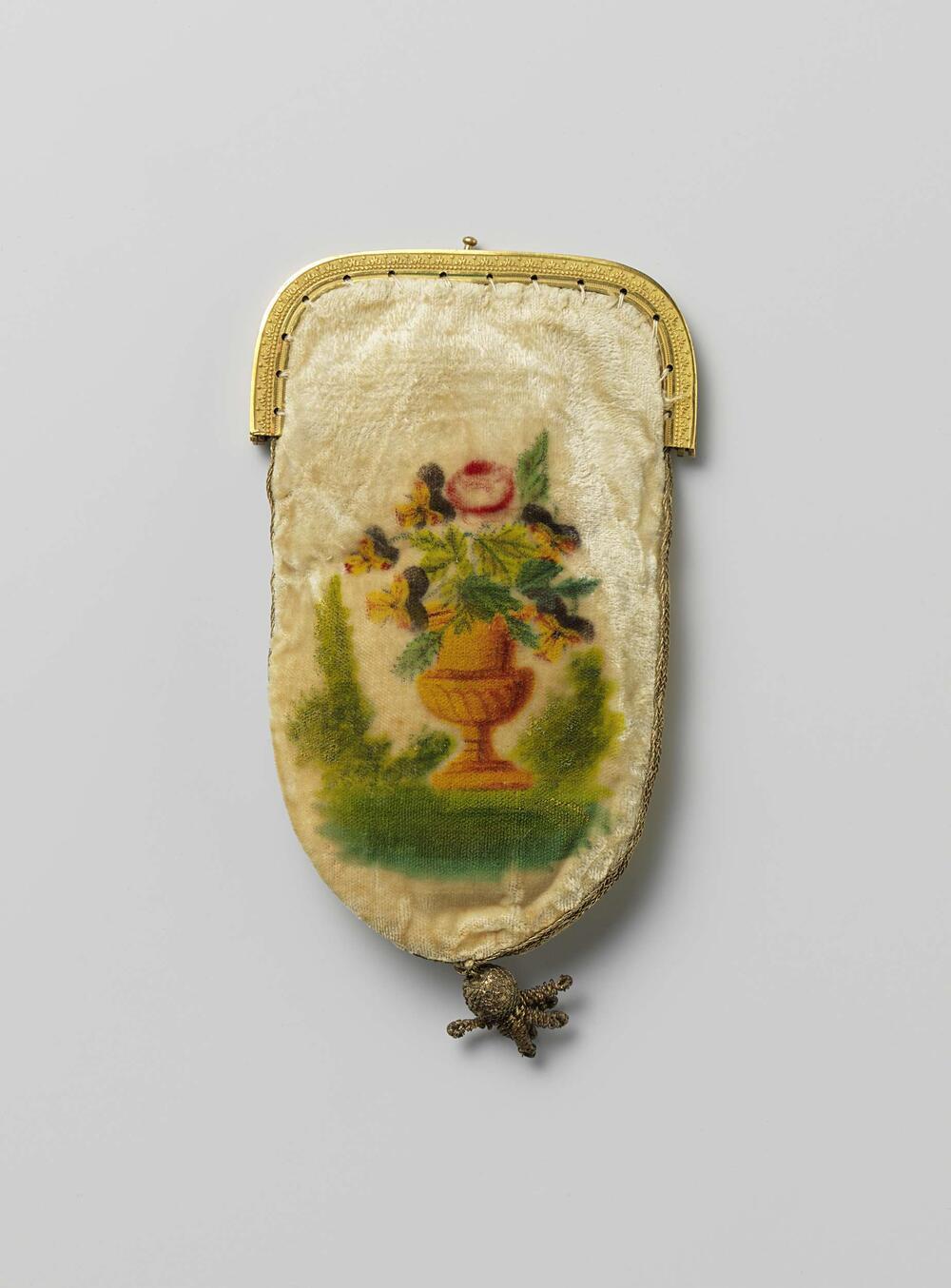 Beurs van beschilderd creme-wit fluweel, met gouden beugel
