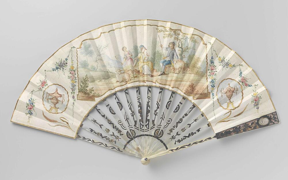 Vouwwaaier met blad van dun leer waarop met aquarel een pastorale scene is geschilderd, op een…