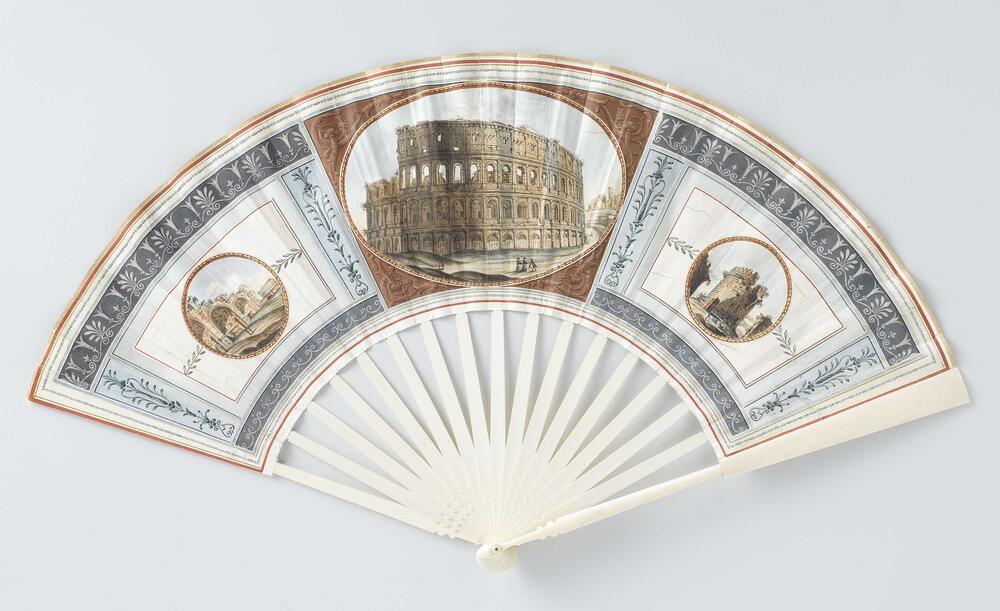 Vouwwaaier met blad van geitenleer, waarop met gouache het Colosseum, de thermen van Caracalla (l)…