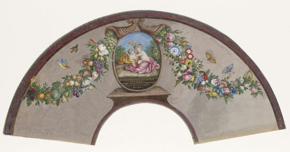 Waaierblad van perkament(?) waarop met tempera aan de voorzijde een 'Floralia' met Vestaalse…