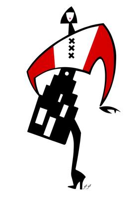 illustratie door Piet Paris. vrouwtje met amsterdams huisje als rok en de vlag van Amsterdam als topje met de drie kruisjes als knoopjes