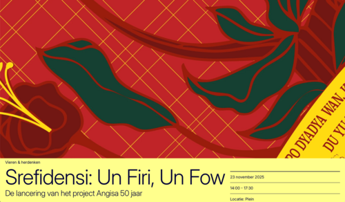 Grafische aankondiging van een angisa event (Surinaamse hoofddoek)