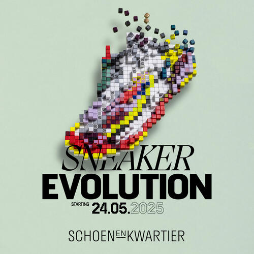 campagnebeeld grafisch van sneaker opgebouwd uit lego steentjes