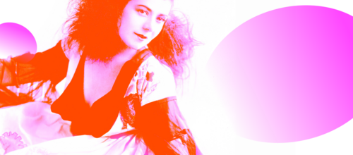 Header in het roze en orange met model in Paul Poiret stijl