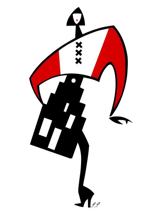 illustratie door Piet Paris. vrouwtje met amsterdams huisje als rok en de vlag van Amsterdam als topje met de drie kruisjes als knoopjes