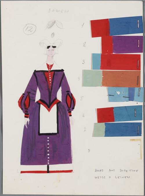 Kostuumontwerp voor de dames in Die Lustigen Weiber von Windsor (Otto Nicolai) door Ruodi Barth