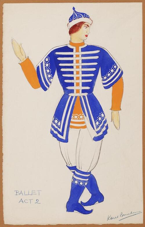 Kostuumontwerp voor een man uit het ballet in Czaar Saltan (Nicolai Rimsky-Korsakov) door Karel Bruckman
