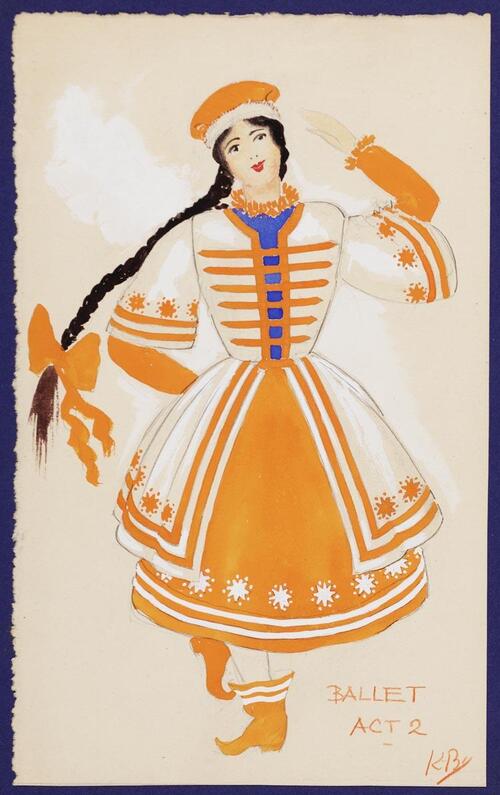 Kostuumontwerp voor een vrouw uit het ballet in Czaar Saltan (Nicolai Rimsky-Korsakov) door Karel Bruckman