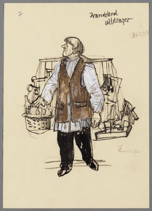 Kostuumontwerp voor een wandelende uitdrager uit Raskolnikoff (Heinrich Sutermeister)