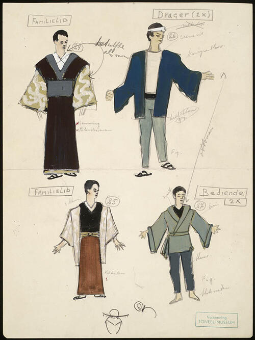 Kostuumontwerpen voor familieleden, dragers en bediendes uit Madame Butterfly