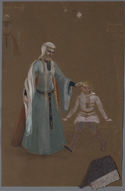 Kostuumontwerp voor Edy de Boer als Lady Macduff en Frans Weisz als haar zoontje in Macbeth