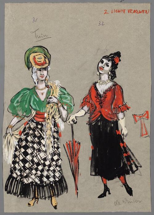 Kostuumontwerp voor twee lichte vrouwen uit Raskolnikoff (Heinrich Sutermeister)