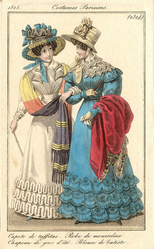 Costume Parisien, nr. 2342: Capote de crêpe garnie de ruches boiteuses. Robe de perkale. Echarpe en…