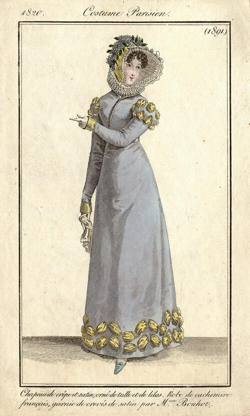 Costume Parisien, nr. 1891: Chapeau de crêpe de satin, orné de tulle et de lilas. Robe de cachemire…