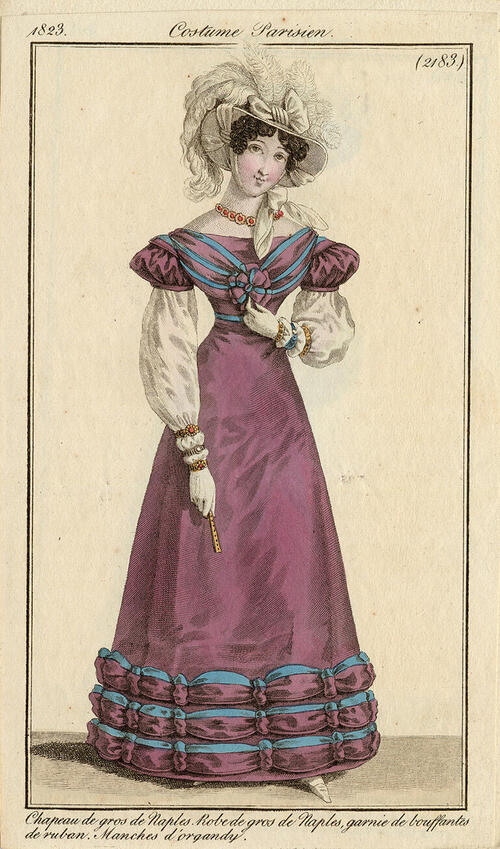 Costume Parisien, nr. 2183: Chapeau de gros de Naples. Robe de gros de Naples, garnie de bouffantes…