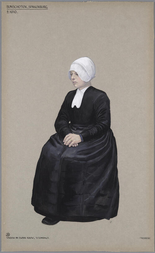 Vrouw in zondagse rouwdracht, Bunschoten-Spakenburg circa 1910