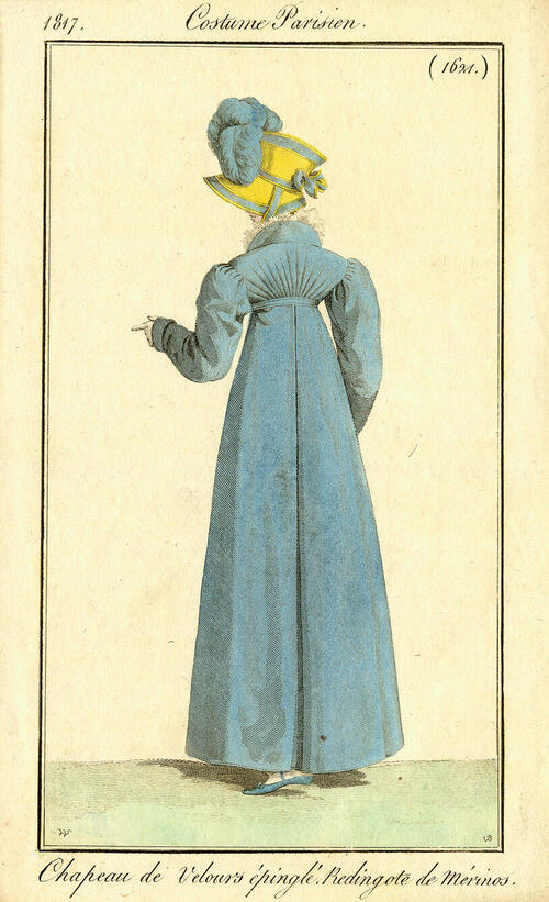 Costume Parisien, nr. 1621: Chapeau de Velours épinglé. Redingote de Mérinos