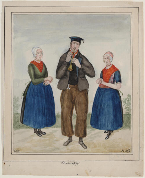 Fluitspelende man en twee vrouwen in dracht, Doornspijk, 1864