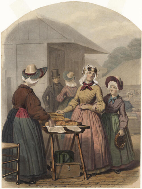 Groepje vrouwen in de drachten van de Noordhollandse polders: De Beemster, Purmer, Wormer enz