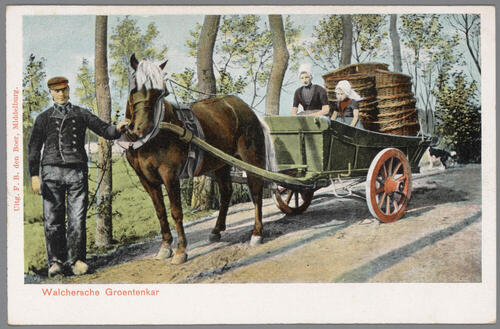 Man, vrouw en meisje in Walcherse streekdracht met groentekar, 1868–1905