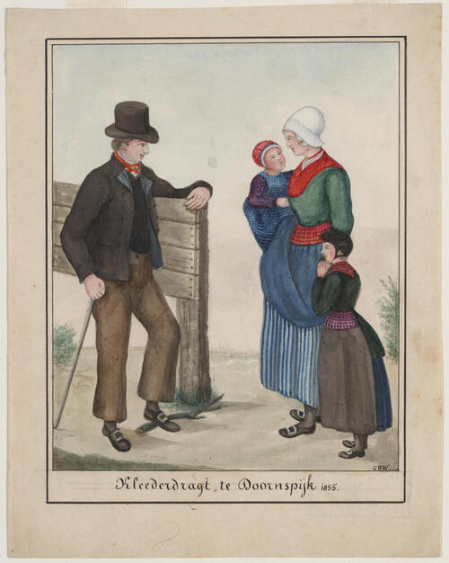 Man, vrouw en twee kinderen in dracht, Doornspijk, 1855