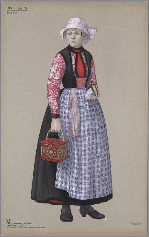 Ongehuwde vrouw in pinksterdracht, Hindeloopen circa 1860