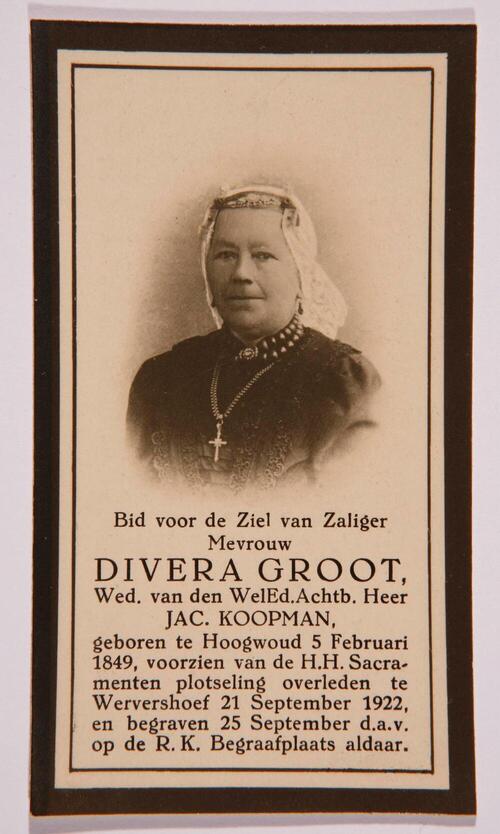 Bidprentje van Divera Groot, Hoorn, 1922