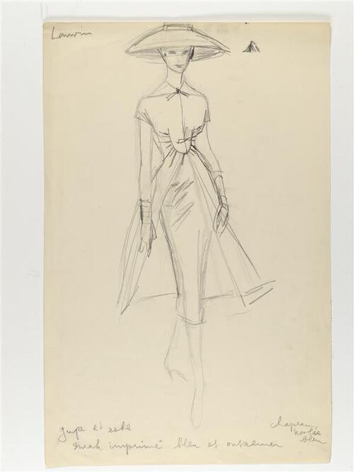 Modetekening van ensemble Lanvin, bestaande uit (o.a.?) jurk