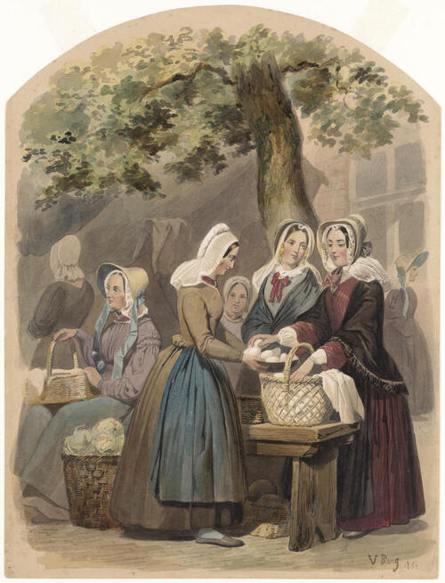 Vrouwen in de dracht van Schouwen en Duiveland op de markt van Zierikzee.
