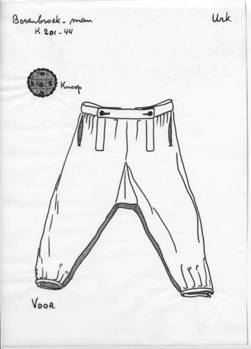 Tekening van een mannenbovenbroek en een knoop, Urk