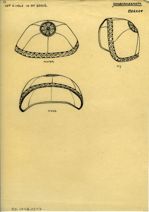 Tekening van jongenszomermuts voor kind in de baker, Marken