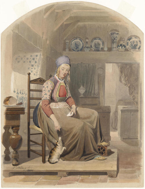 Vrouw in de dracht van Schokland in een interieur