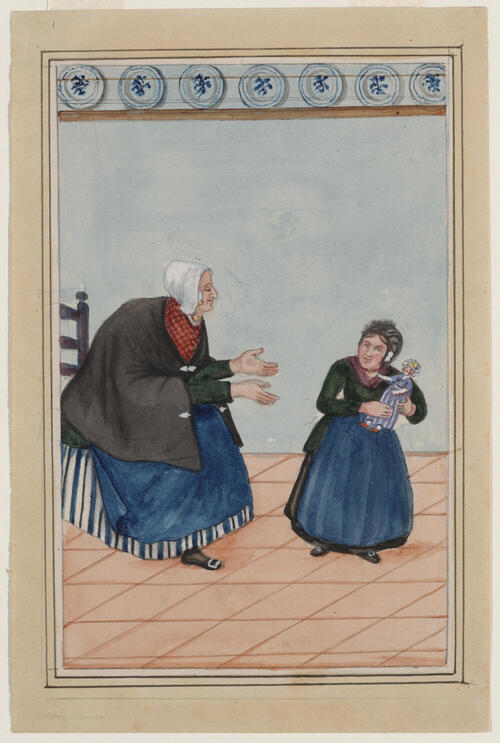 Oude vrouw met meisje in dracht, Noord-Veluwe