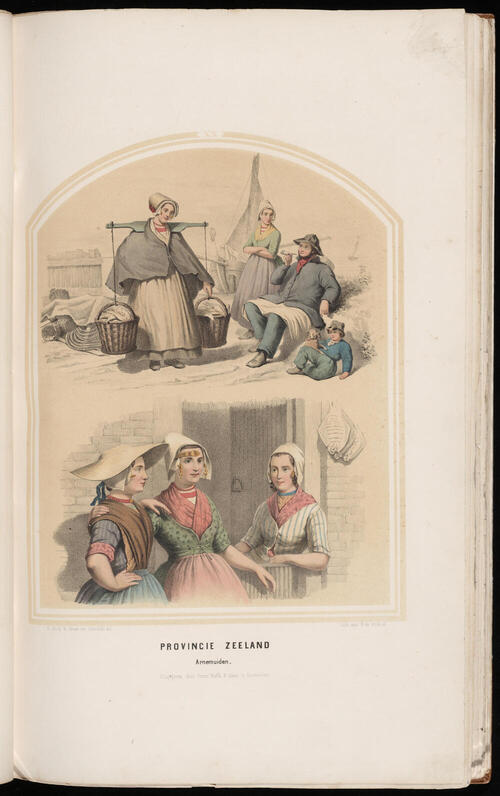 Diverse personen in de dracht van Arnemuiden