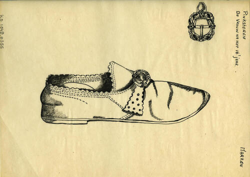 Tekening van een vrouwenschoen en gesp, Marken