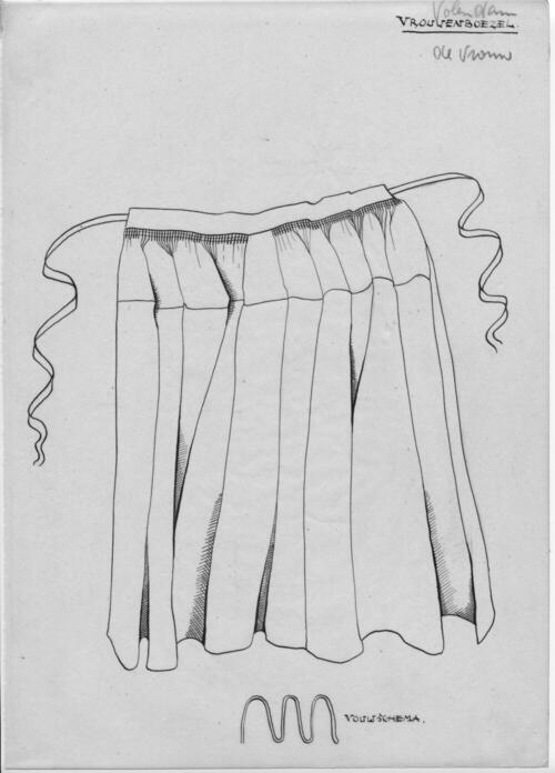 Tekening van een vrouwenboezel en vouwschema, Volendam