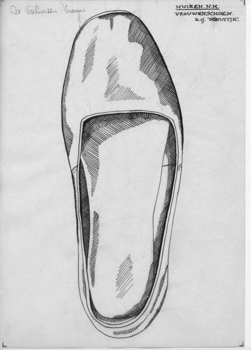 Tekening van een vrouwenschoen of 'schuitje', Huizen