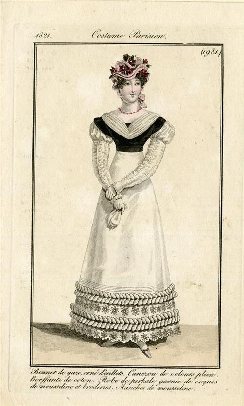 Costume Parisien 'Bonnet de gaze, orné d'oeillets. Canezon de velours plein. Bouffante de coton…