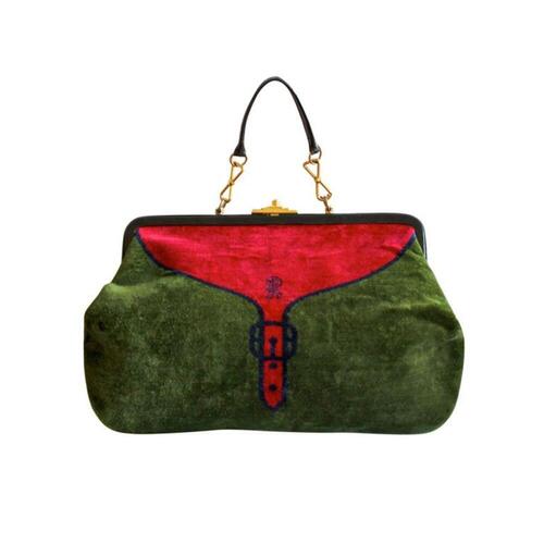 Rechthoekige handtas in groen-rood fluweel met trompe l'oeil print