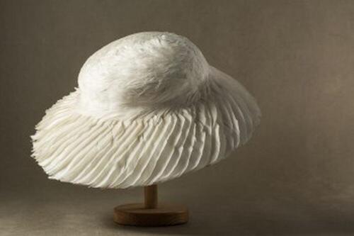 Platte hoed bezet met witte veren